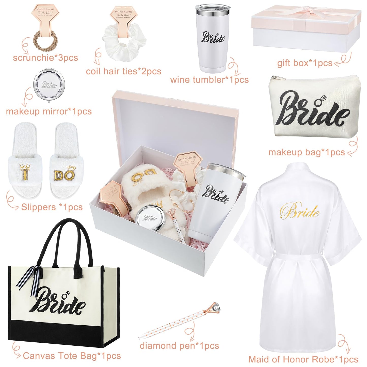 Berlune 14 Pcs Bride Gifts Box Sets Short Satin Robes Canvas Tote Bag Stainless Steel Tumbler Slippers for Wedding