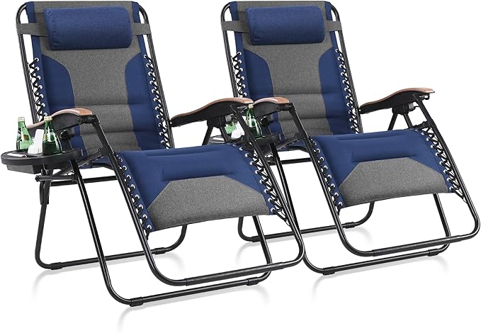 MAISON ARTS Oversized XXL Zero Gravity Chair Set of 2, 30" Wide Seat Padded Foldable Recliner, Anti Gravity Outdoor Lawn Chair for Poolside/Backyard/Beach, Supports 400lbs, Blue & Grey