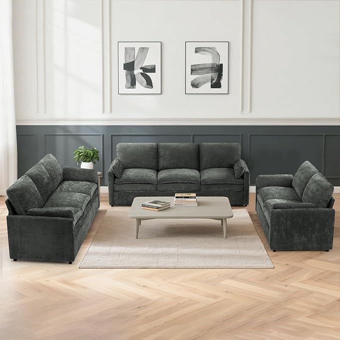 ACMEASE 3 Pieces Chenille Sofa Set w/Arm Pillows, Upholstered Loveseat & 2 Pieces 3 Seater Sofa w/Comfortable Back Cushions, Modern 2-Seat & 3-Seat w/High-Density Foam for Living Room, Grey