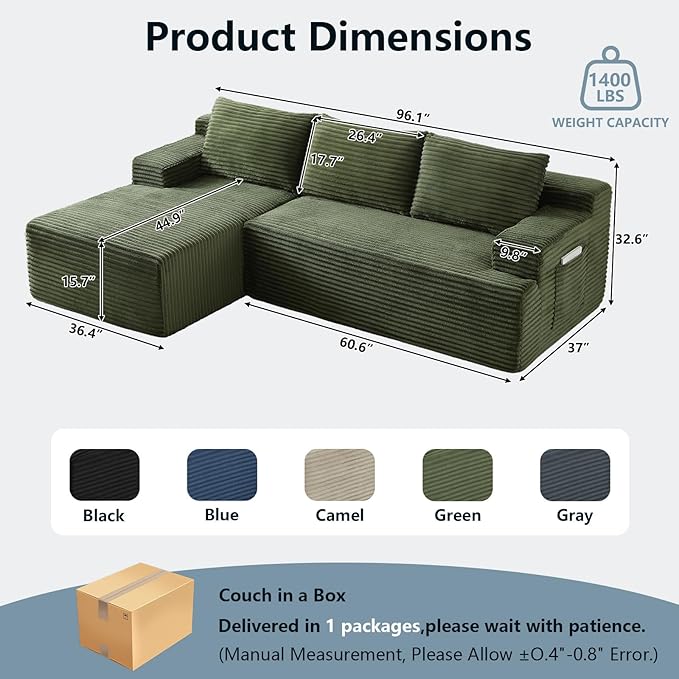 96" Cloud Sectional Couch with L-Shape Chaise, Modern Corduroy Boneless Couch for Living Room,Memory Foam Sofa with Deep Seat,No Assembly Required (Green,Left-Facing Chaise)