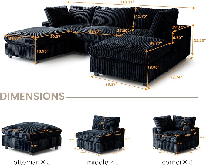 WJShome Cloud Couch Modular Sectional Sofa,118" Oversized U Shaped Couch with Ottoman,5 Seater Convertible Sofa,Comfy Plush Couches for Living Room,Covers Washable&Replaceable (Black)