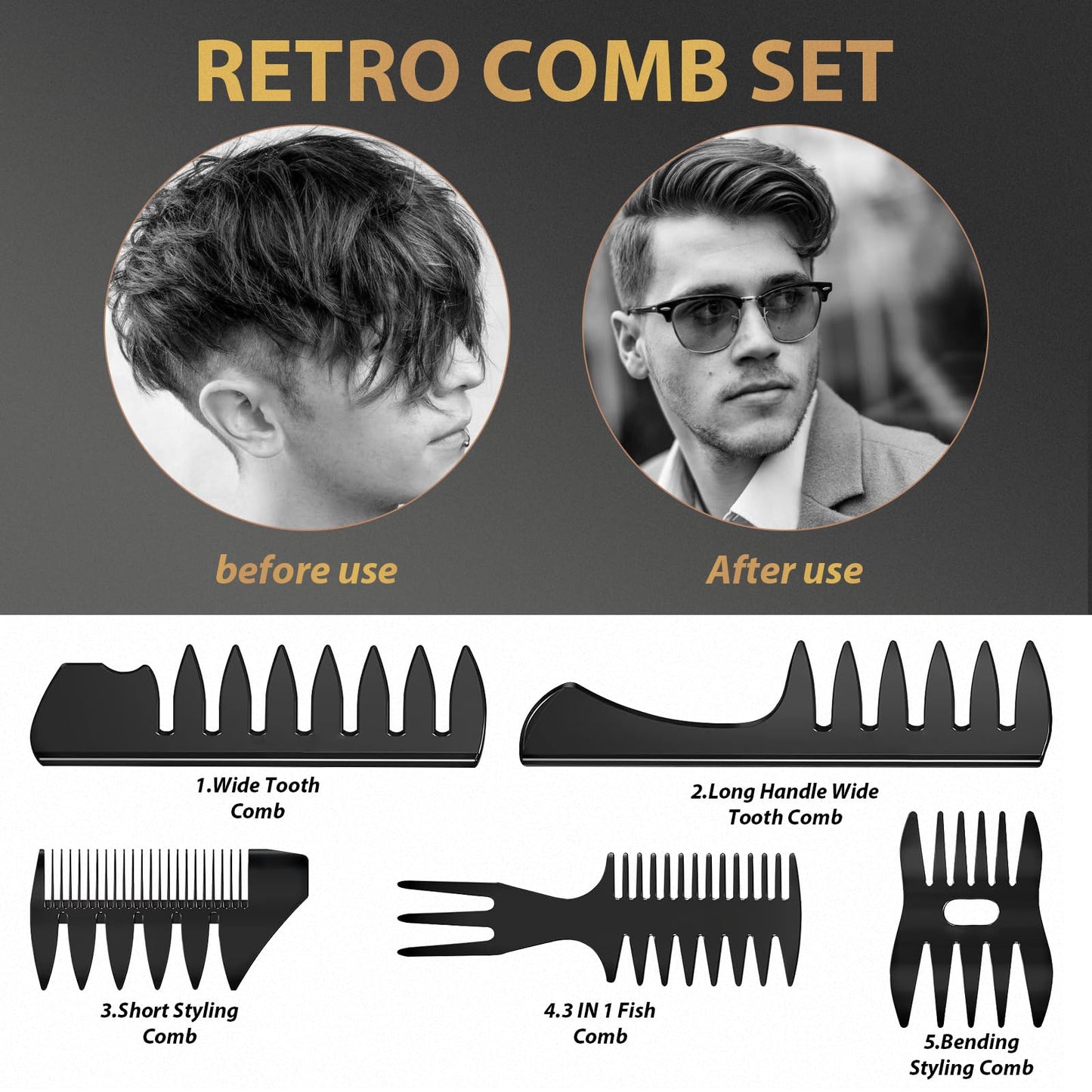 Hair Brush for Men, DUAIU 7Pcs Combs for Men, Hair Styling Comb Set with Vent Hair Brush, Quiff Round Hair Brush, Wide Tooth Com