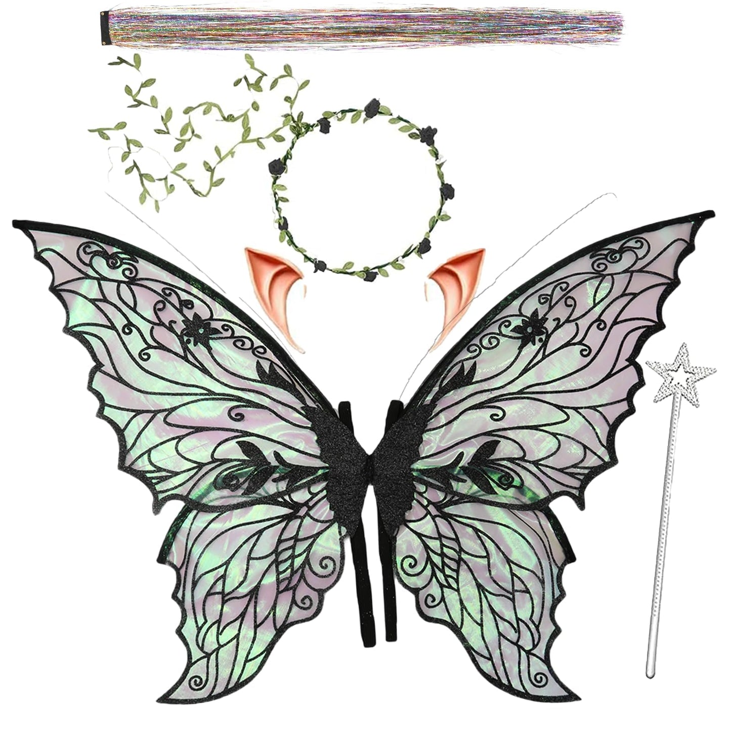Fairy Wings for Adults and Girls，Fairy Costume Set with Floral Garland, Fairy Hair Tinsel, Wand & Elf Ears – 29"x21" Organza Butterfly Wings – Ideal for Cosplay, Party, Black