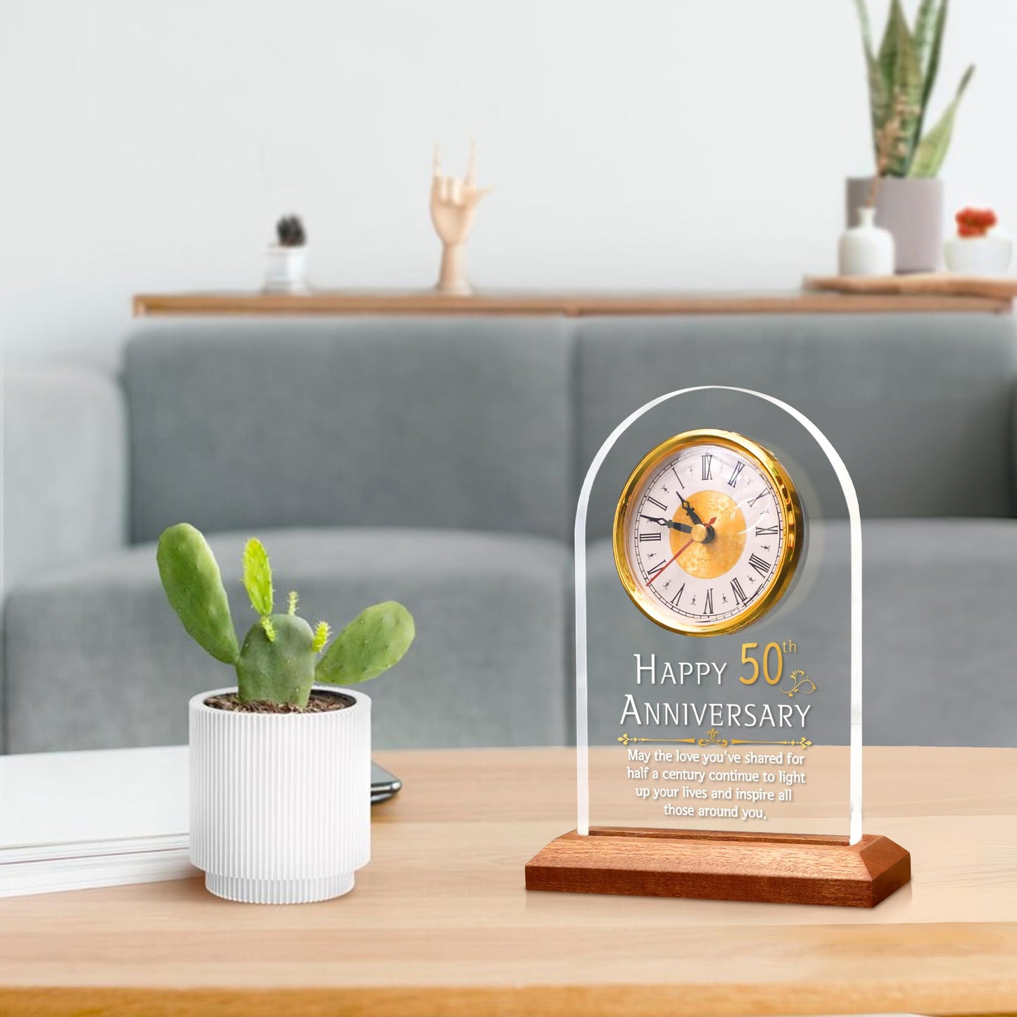 OkiyiD 50th Anniversary Wedding Gift, Anniversary Quartz Clock, Desk Table Clock, 50 Years of Marriage, Golden Wedding for Couple, Parents, Grandparents (Wooden Base with LED Light)