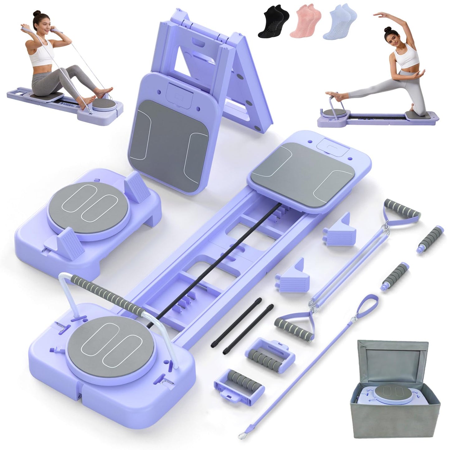 Lerpio Pilates Reformer Board with 3 Adjustable Resistance, 60'' Foldable & Portable Pilates Machine for Home Use, Tool-Free Assembly, Includes Storage Box and 3 Yoga Socks (Purple)