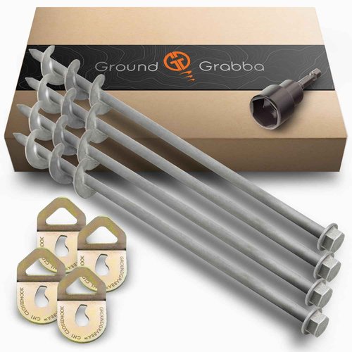 GROUNDGRABBA Screw in Tent Stake for Normal to Hard Ground | Premium Drill Driven Ground Anchor Earth Screws | 4X Pro I Stakes (1.5 Foot), 4X GroundGrabba Closed Hooks, 1X 5/8" Hex Socket Driver