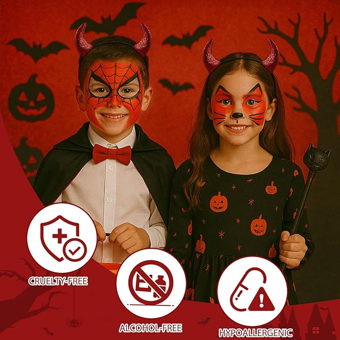 Red Face Paint Halloween Makeup Kit,Devil Horns Headband for Kids,1.01oz Water-Based Red Body Paint+Black Lipstick+Sponge+Devil Glitter Headband,Cream Face Paint Stick for Costume