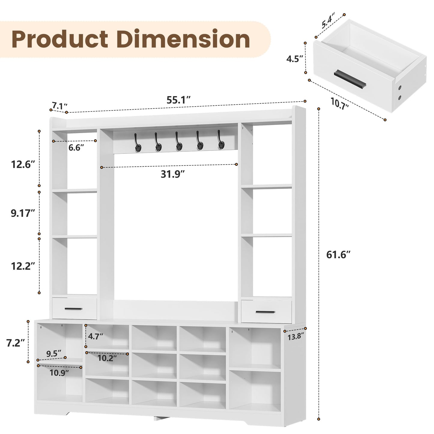 Nosepen 61.6" H White Hall Tree with Bench and Shoe Storage, 6-in-1 Multi-Functional Entryway Bench with 2 Drawers, 5 Coat Racks, Shoe Rack with 13 Shoe Cubbies, Entryway Storage Organizer, White