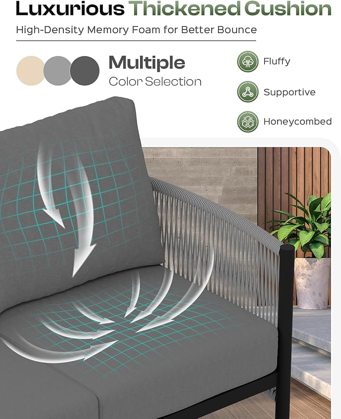 Aluminum Outdoor Patio Furniture Set with Dual-Layer Coffee Table, 4 Piece Modern Patio Conversation Sets with PE Rope, Outdoor Sectional Sofa with Thick Cushions for Balcony, Deck, Charcoal