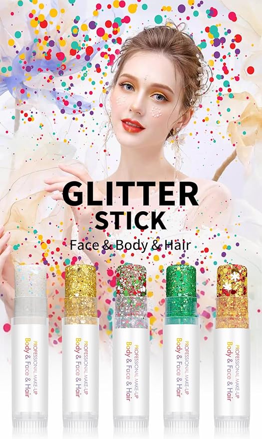 Body Glitter Stick, Holographic Sparkling Sequins Neon Outfit Party Super Sparkly Face Paint Rave Festival Accessories Glitter Gel Makeup.(Gold & Red & White)