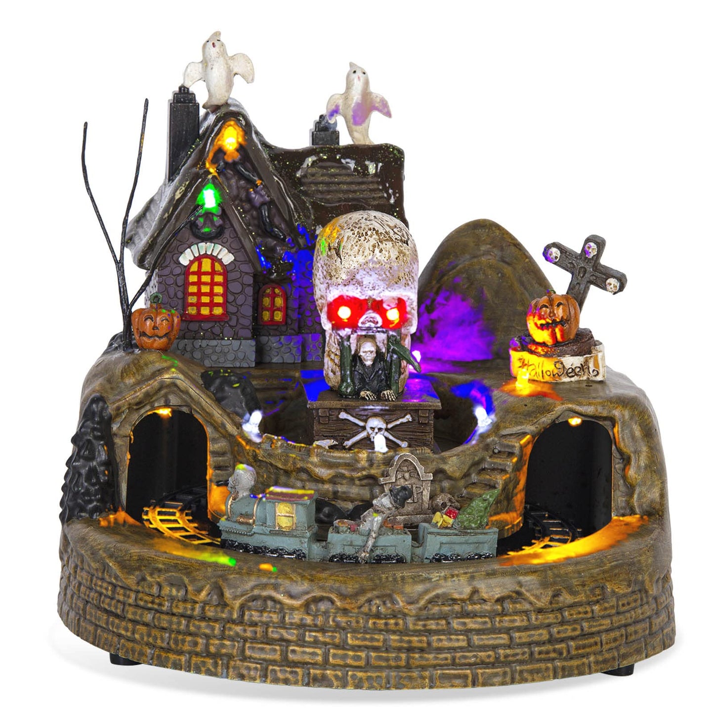 innodept12 Animated Halloween Train Village Set with Ghosts, Skeletons, Spooky House, LED Lights, 7.67 Inches, Multicolor