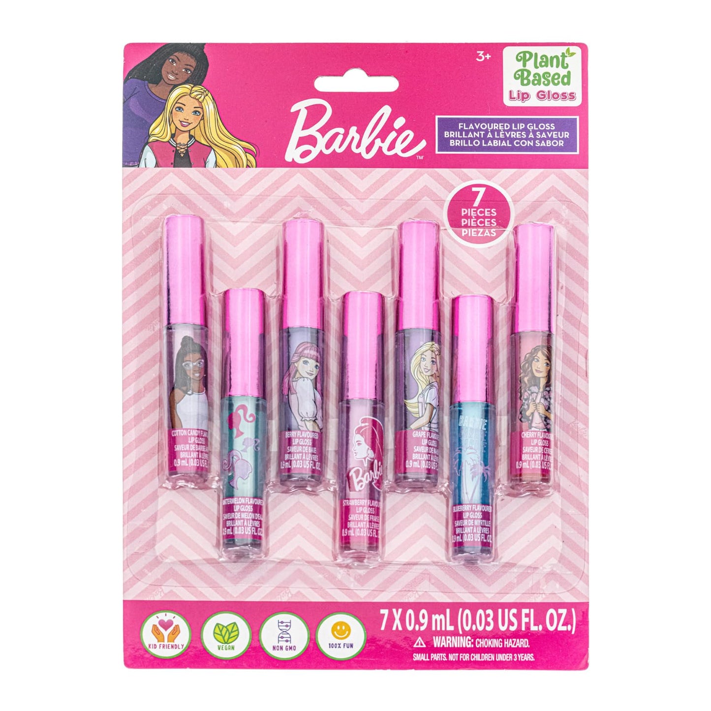 Barbie 7 Piece Plant Based Lip Gloss, Girls Party Favors, First Makeup Set for Girl, Perfect for Parties, Sleepovers, and Birthd