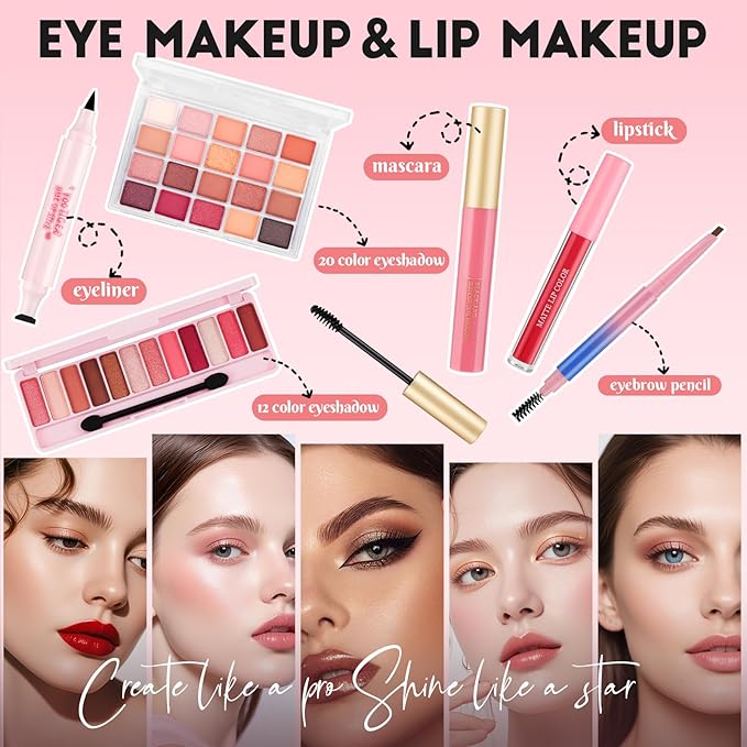 All In One Makeup Kit For Teen Girls Beginners:With Foundation, Face Primer, Eyeshadow, Lipstick, Eyeliner, Mascara, Brushes, Bag, Travel Friendly MakeUp Gift Set, Stocking Stuffers for Teen Girls
