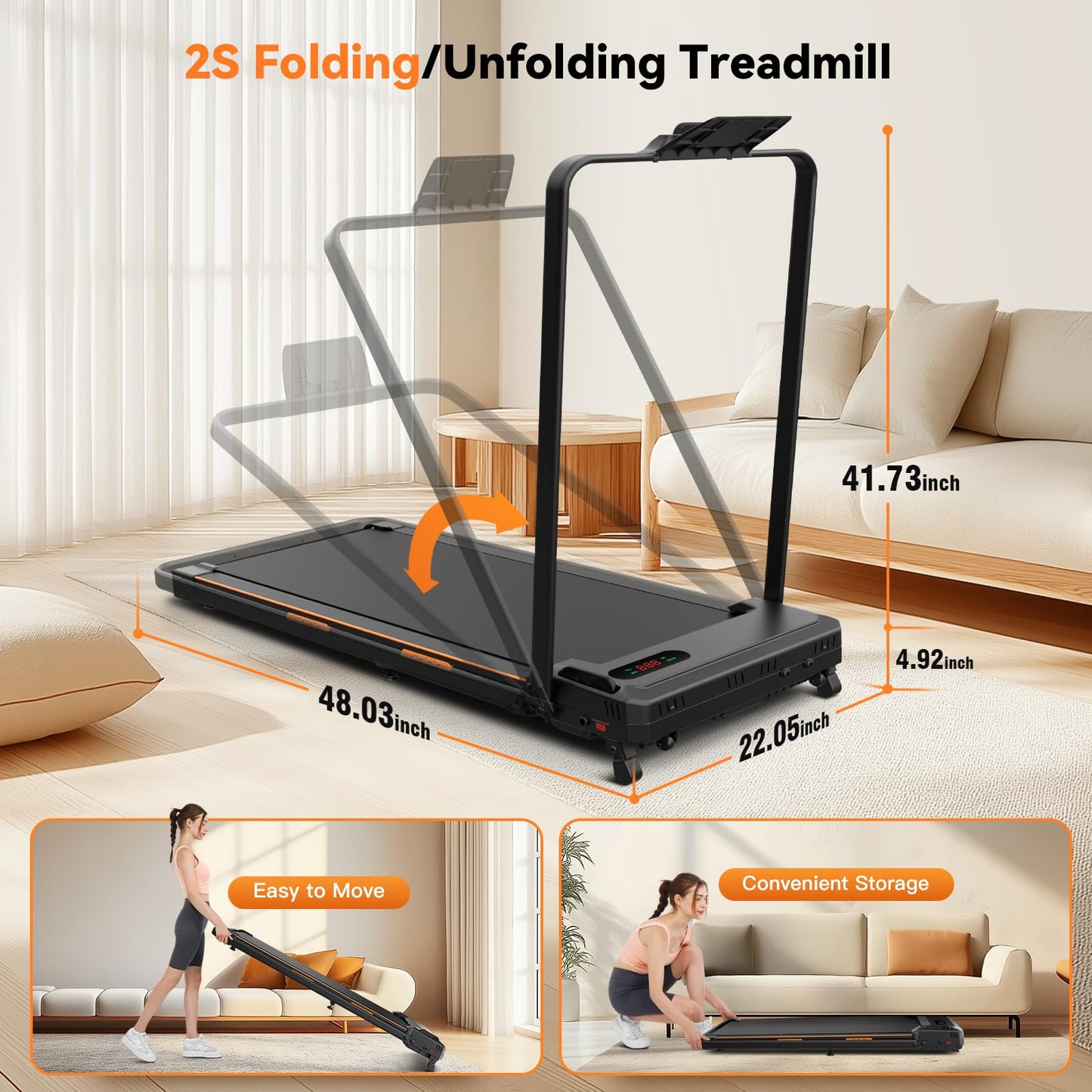 FUNMILY Folding Treadmill with Handles, Foldable Walking Pad Treadmill with Incline and Adjustable Handrails, 3 in 1 Under Desk Treadmills for Home 300 lb Capacity, Running Machine with Handle Bar