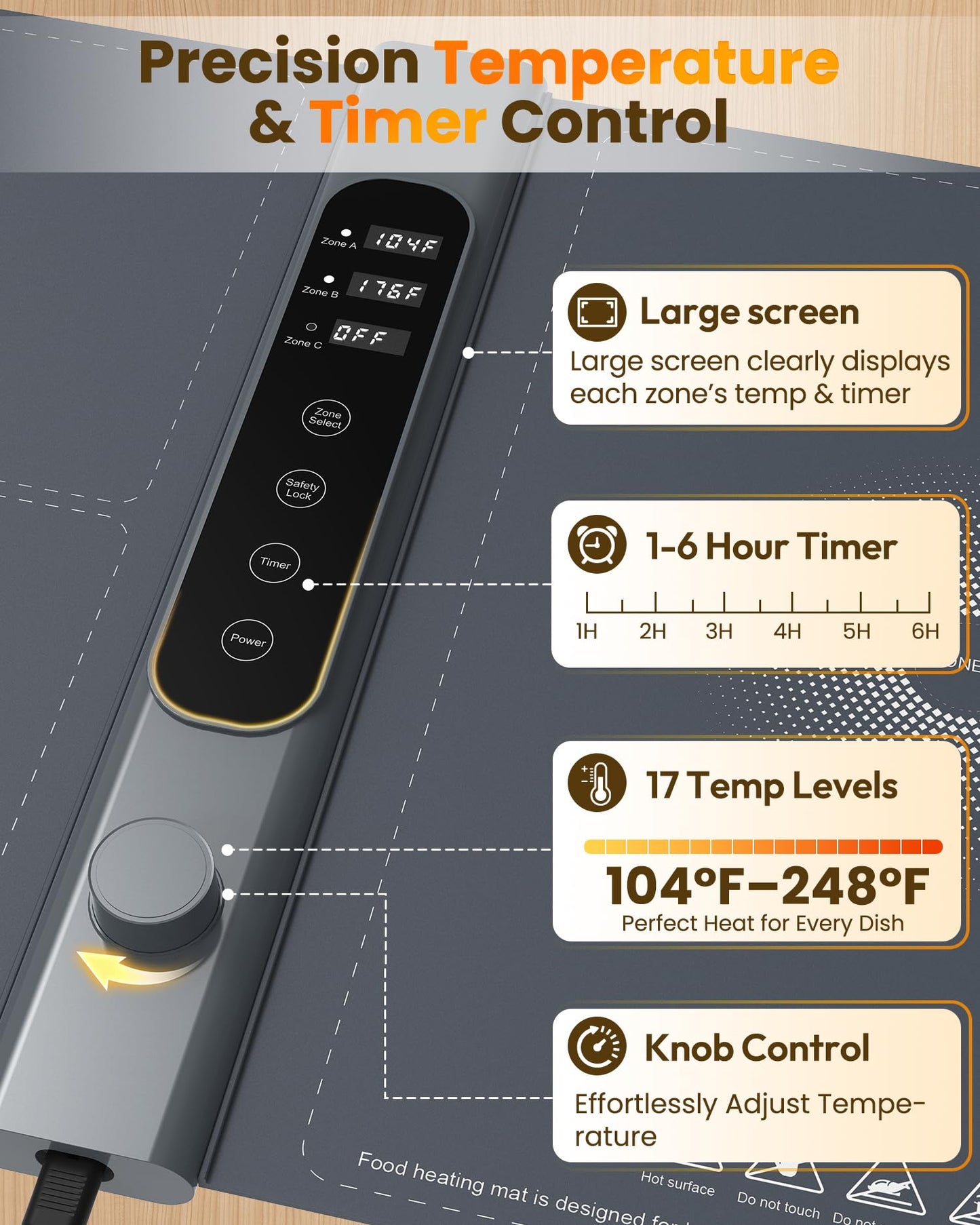 3-Zone Independent Warming Mat for Food 40"x17" XXL, Food Warming Mat with 17 Precise Temp Levels & 1–6H Timer, Heating Mat for Food, Silicone Roll-Up Food Warmer & Warming Tray for Party Buffets