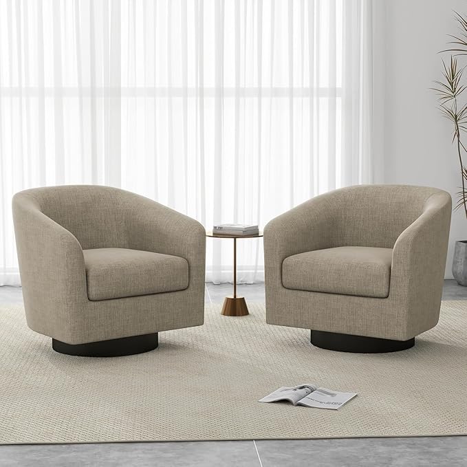 UIXE Swivel Barrel Accent Chairs Set of 2, Fabric Upholstered Armchair Modern Round Club Arm Chair for Living Room, Comfy Single Sofa Seating Bedroom Side Reading Seat for Home Office - Light Brown