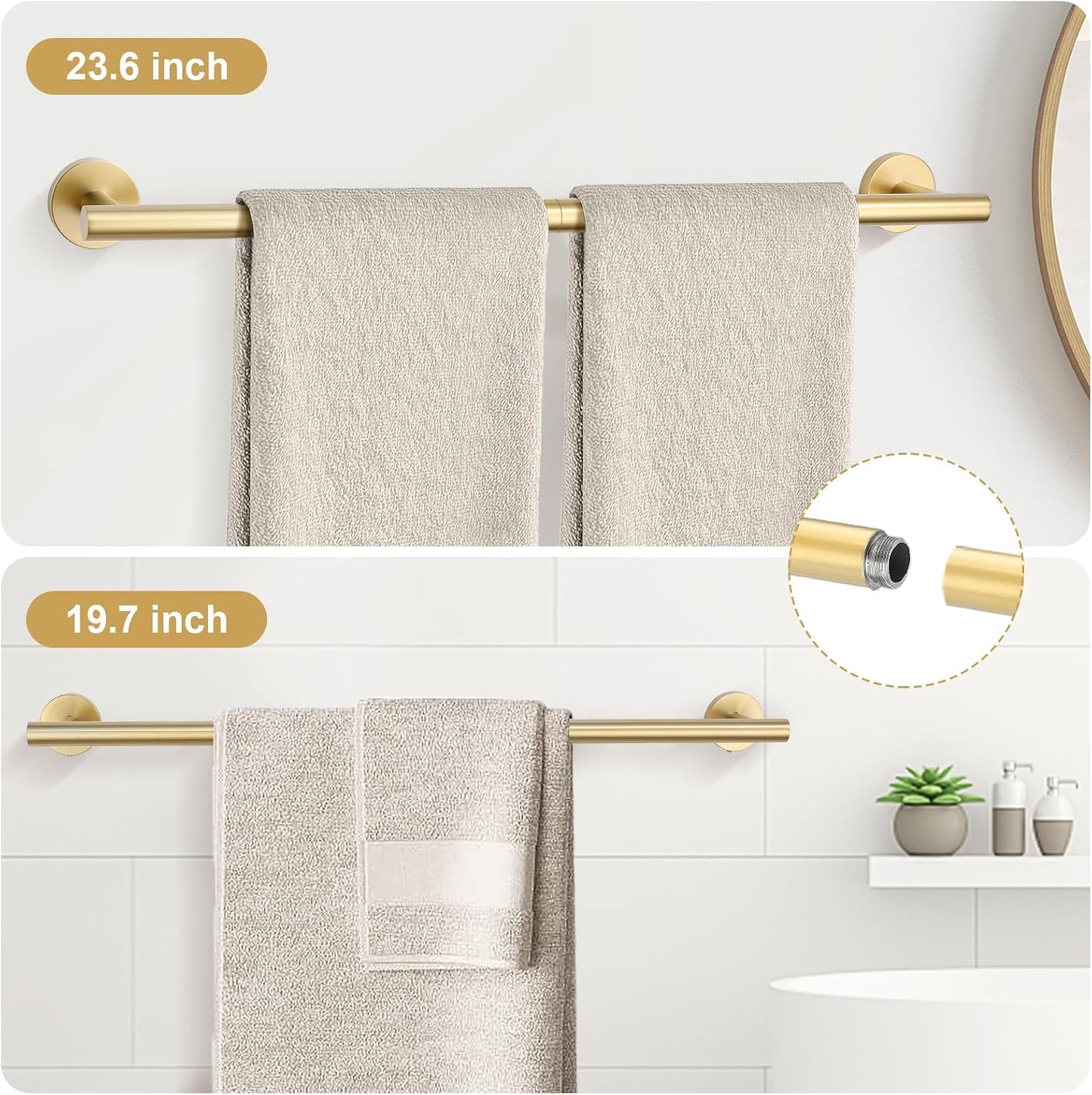 TURS Brushed Gold 8 Piece Bathroom Hardware Set, SUS304 Stainless Steel 24 Inch and 20 Inch Bath Towel Bar Set, Round Bathroom Accessories Kit Wall Mounted
