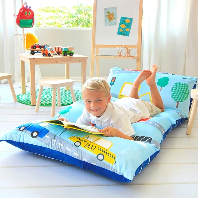 Butterfly Craze Floor Pillow Case - Reading Nook Lounger & Floor Bed - Portable Sleeping Pad for Travel & Camping - 5-Pocket Customizable Design for Ground Cushions - King Size, Cars Blue