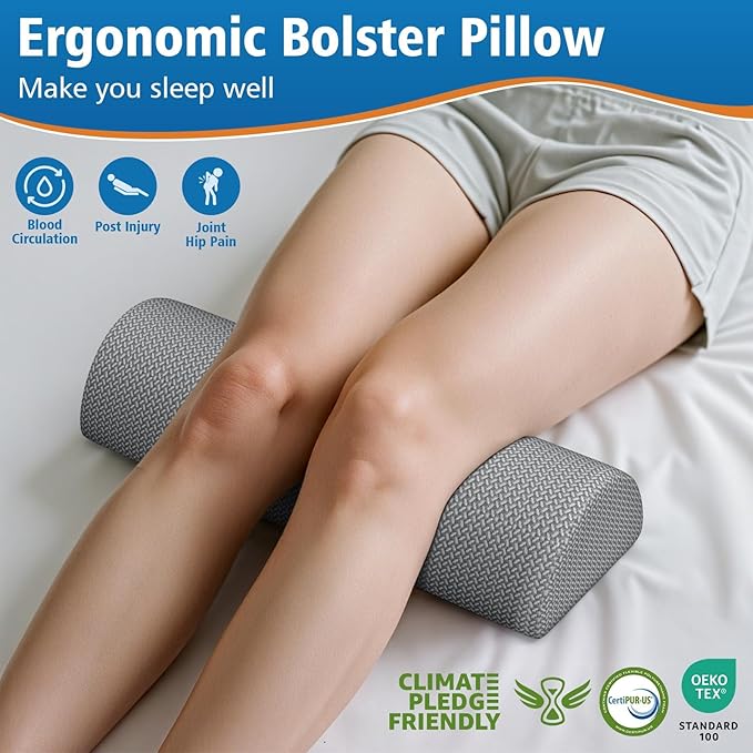 Large Knee Pillow for Side Sleepers, Half Moon Memory Foam Bolster Pillow for Legs, Ergonomic Design Wedge Elevation Pillow for Side & Back Sleeping, Under Knee Support, Foot, Ankle, Lumbar,Gray