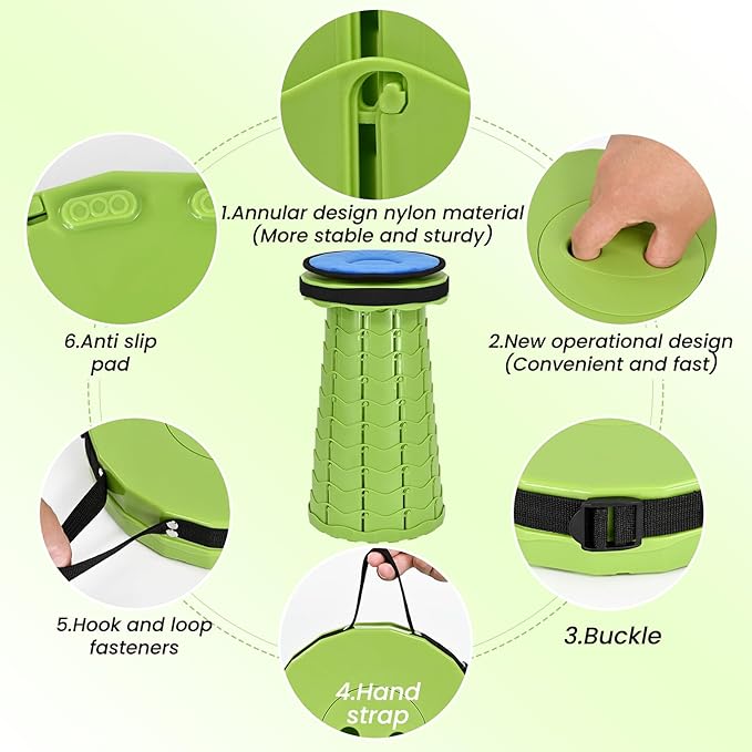 FXKS 2 Pack Upgraded Collapsible Stool with Cushion, Thickened Retractable Folding Stool Max Load Capacity 400lbs, Portable Telescoping Stools for Camping Fishing Outdoor Hiking BBQ -Green