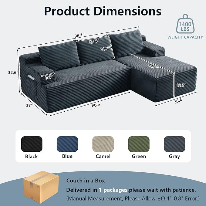 96" Cloud Sectional Couch with L-Shape Chaise, Modern Corduroy Boneless Couch for Living Room,Memory Foam Sofa with Deep Seat,No Assembly Required (Dark Gray,Right-Facing Chaise)