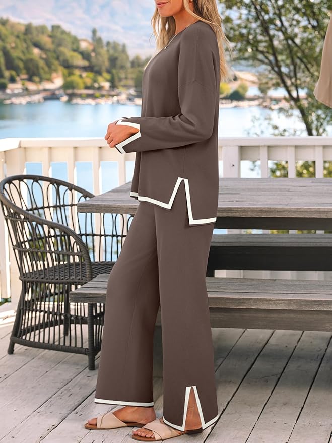 LILLUSORY Women Fall 2 Piece Lounge Set Outfits Sweatsuits Long Sleeve Sweater Tops Wide Leg Pants