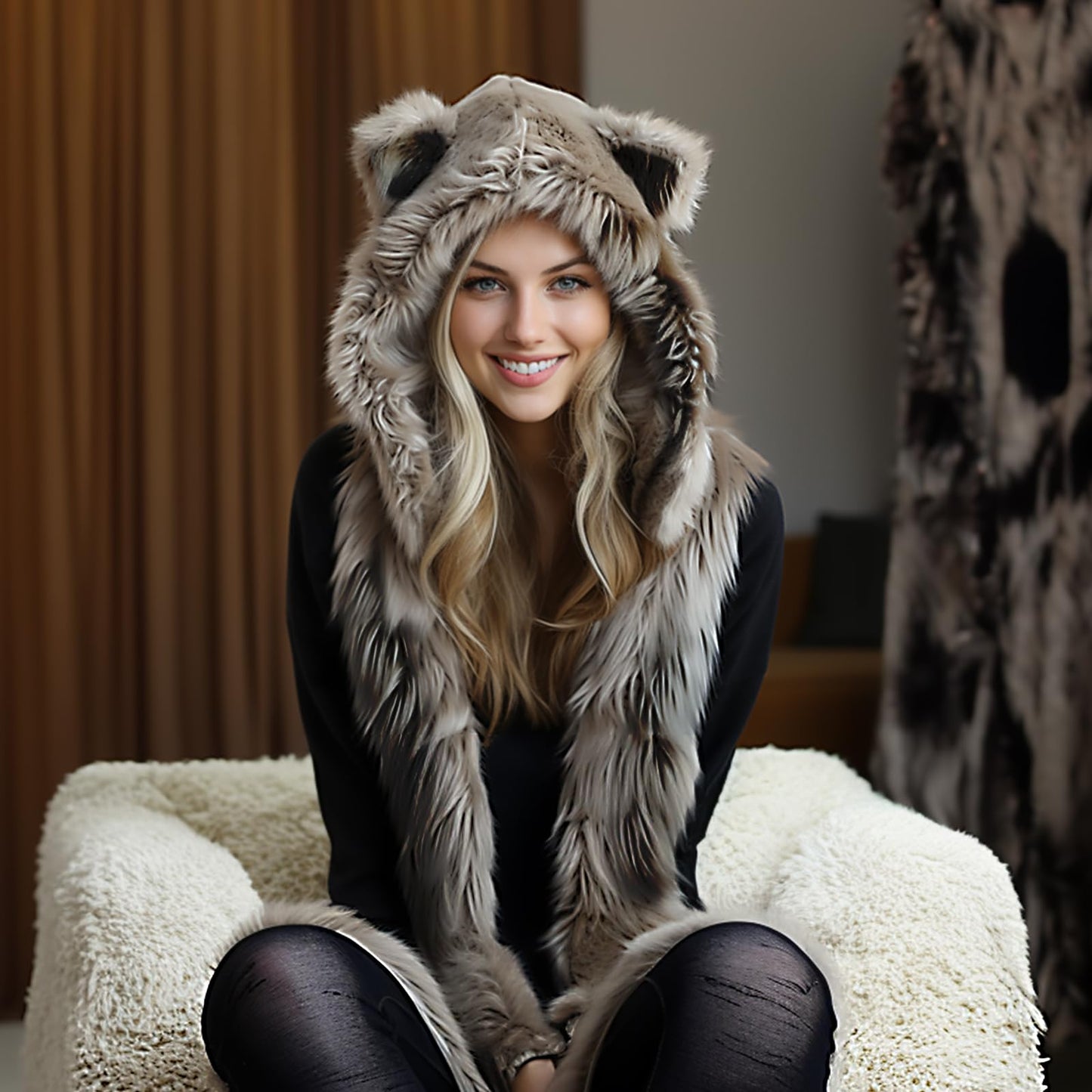 PowerKing Plush Novelty Animal Hat, 3-in-1 Faux Fur Hood Winter Warmer Cap and Stylish Full Animal Hat (Grey Wolf)