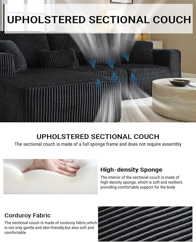 110" Cloud Sectional Couch, Modular Sectional Sofa with Deep Seat, Corduroy Upholstered Boneless Couch for Living Room Bedroom, Left Facing Chaise (Black, 110" Left Facing Chaise)