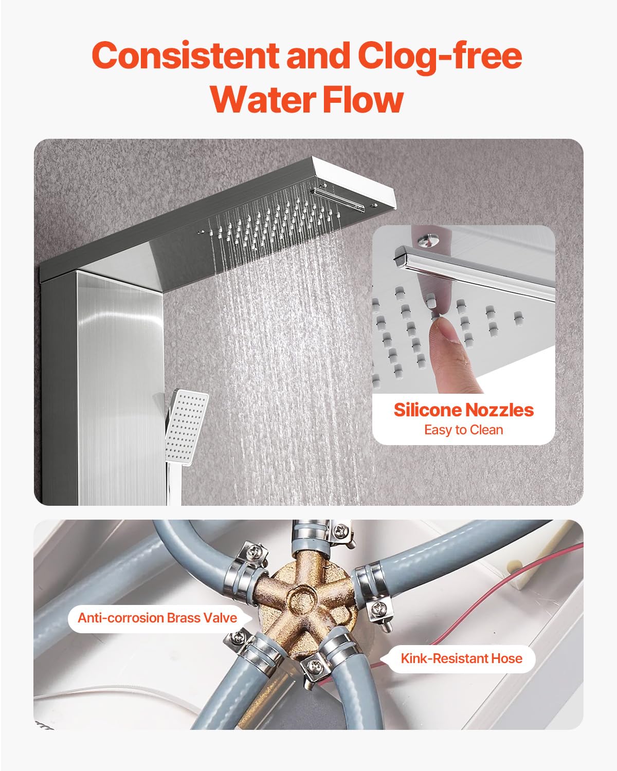 VEVOR Shower Panel Tower System with Rainfall Waterfall Shower Head, 53 in Brushed Stainless Steel Shower Column, 5-Function Faucet, Wall-Mount Rain Massage System with 3 Body Jet, Handheld, Tub Spout