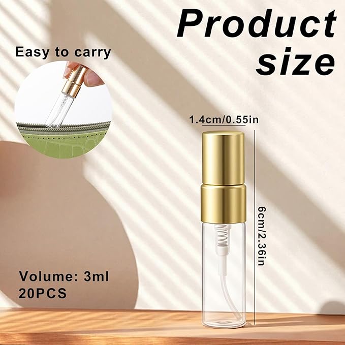 20 Pack Empty 3ml Clear Fine Mist Glass Bottle Gold Mini Sample Bottle Spray Bottles Refillable Mist Travel Sprayer Decant Bottles with Gold Lids for Travel Fragrance Sample DIY Sprays
