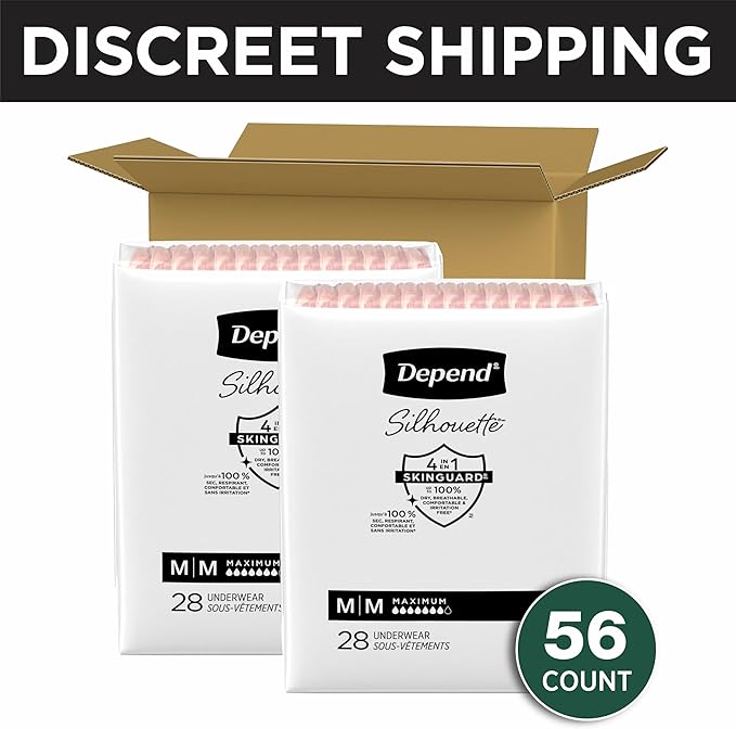 Depend Silhouette Adult Diapers, Incontinence & Postpartum Bladder Leak Underwear for Women, Maximum Absorbency, Medium, Pink, 56 Count (2 Packs of 28), Packaging May Vary