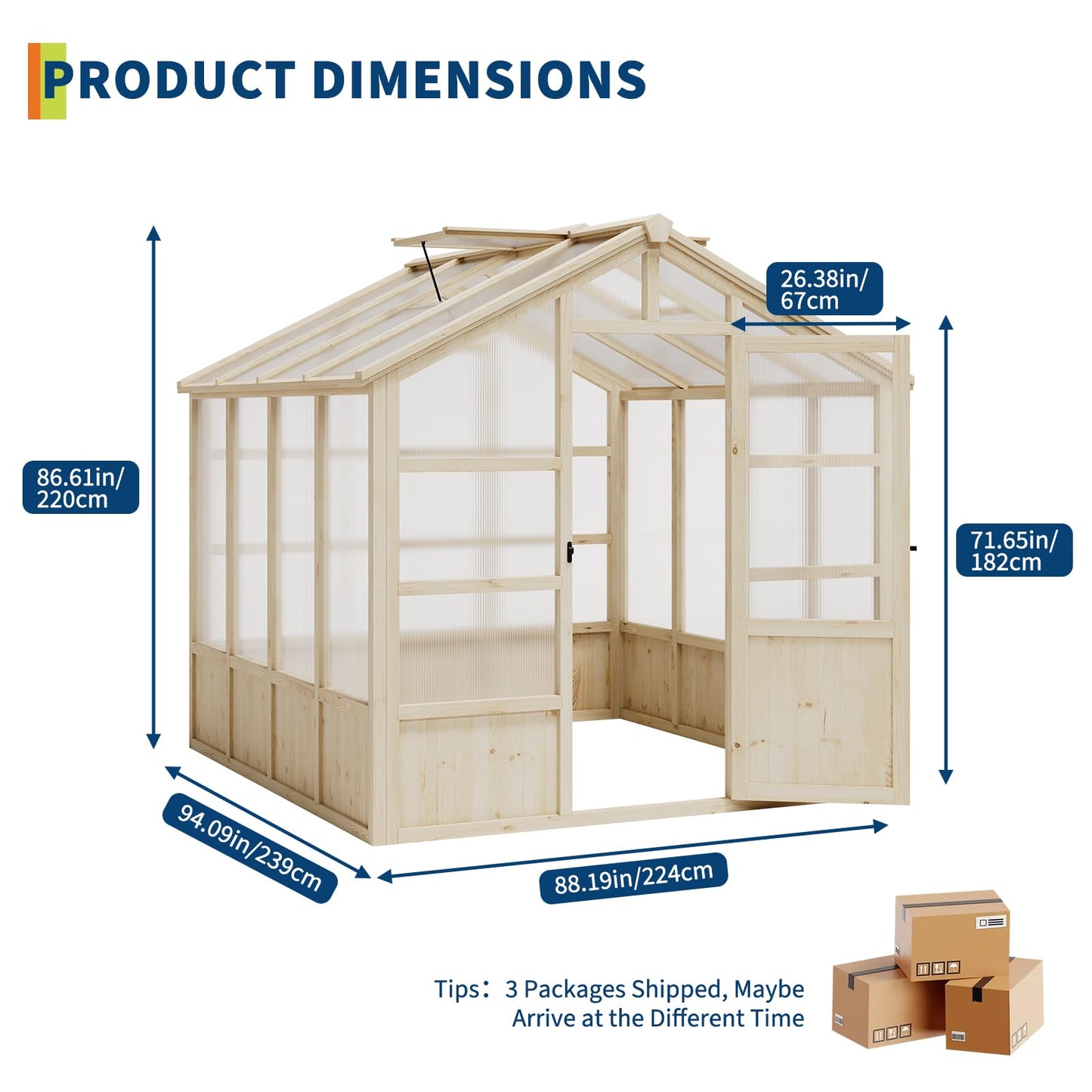 8x8FT Greenhouses for Outdoors, Wooden Greenhouse with Lockable Door, Wood Frame & Adjustable Vent, Polycarbonate Panel Heavy Duty Greenhouse for Outside, Garden, Yard, Light Brown