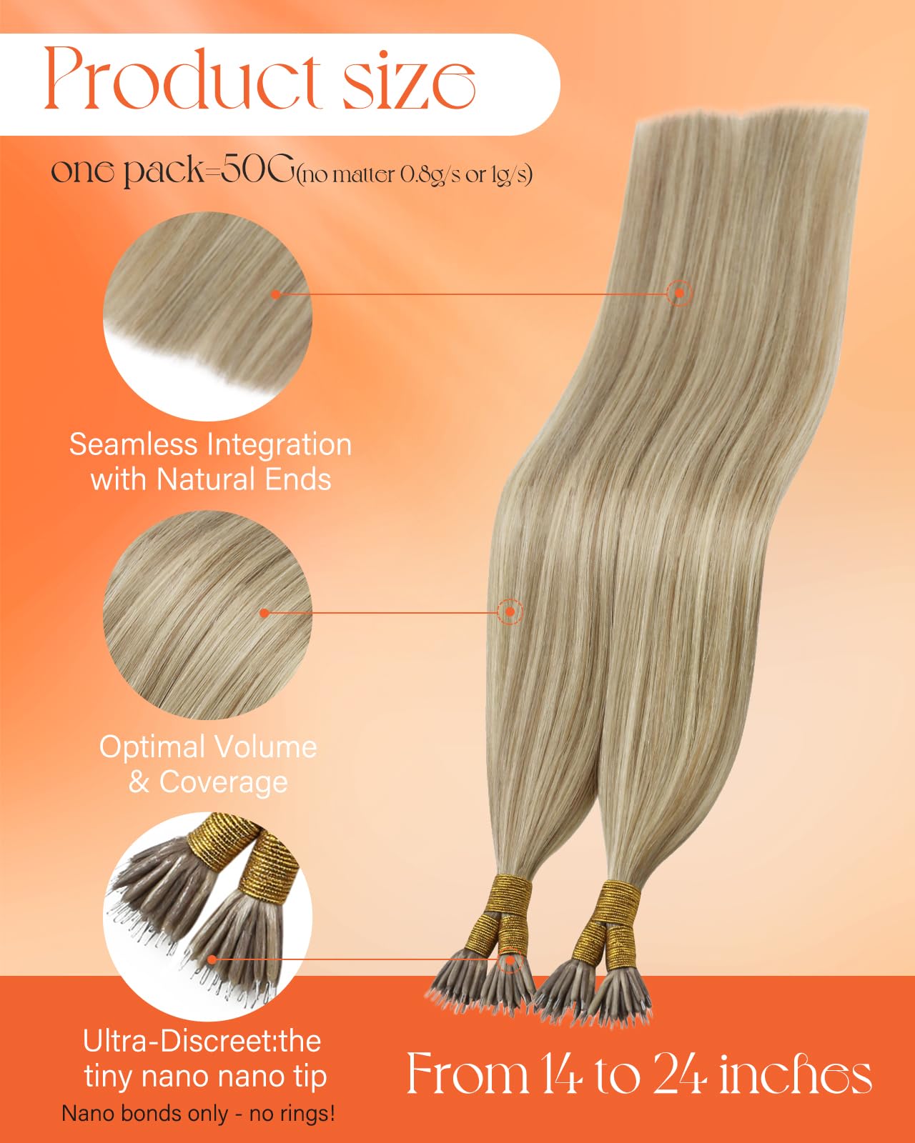 Sunny Hair Nano Hair Extensions Human Hair Blonde 22inch Nano Bead Remy Hair Extensions for Women Micro Loop Extensions Hair 50g