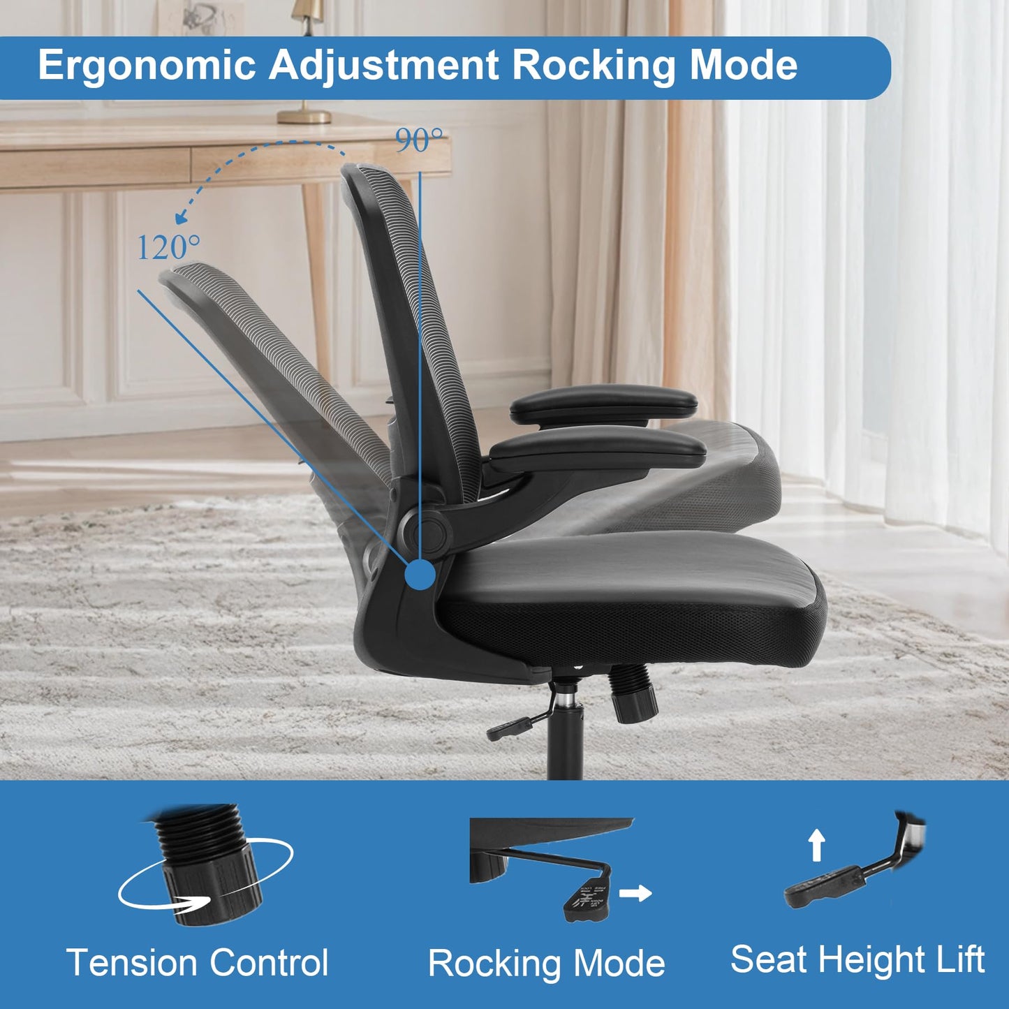 TOPBSHODC Ergonomic Office Chair 400lbs PU Leather Mesh Desk Chair with Lumbar Support, Flip-Up Arms, Swivel Wheels, Adjustable Height, Rolling Executive Computer Task Chair for Home Office,Black