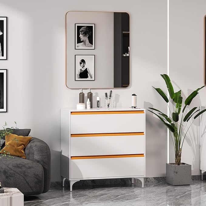 OmySalon Salon Station for Hair Stylists, Free Standing Barber Cabinet with 3 Drawers, Hair Dryer Holders & Square Mirror, Modern Beauty Vanity for Salon, Spa, Bedroom, White Gold