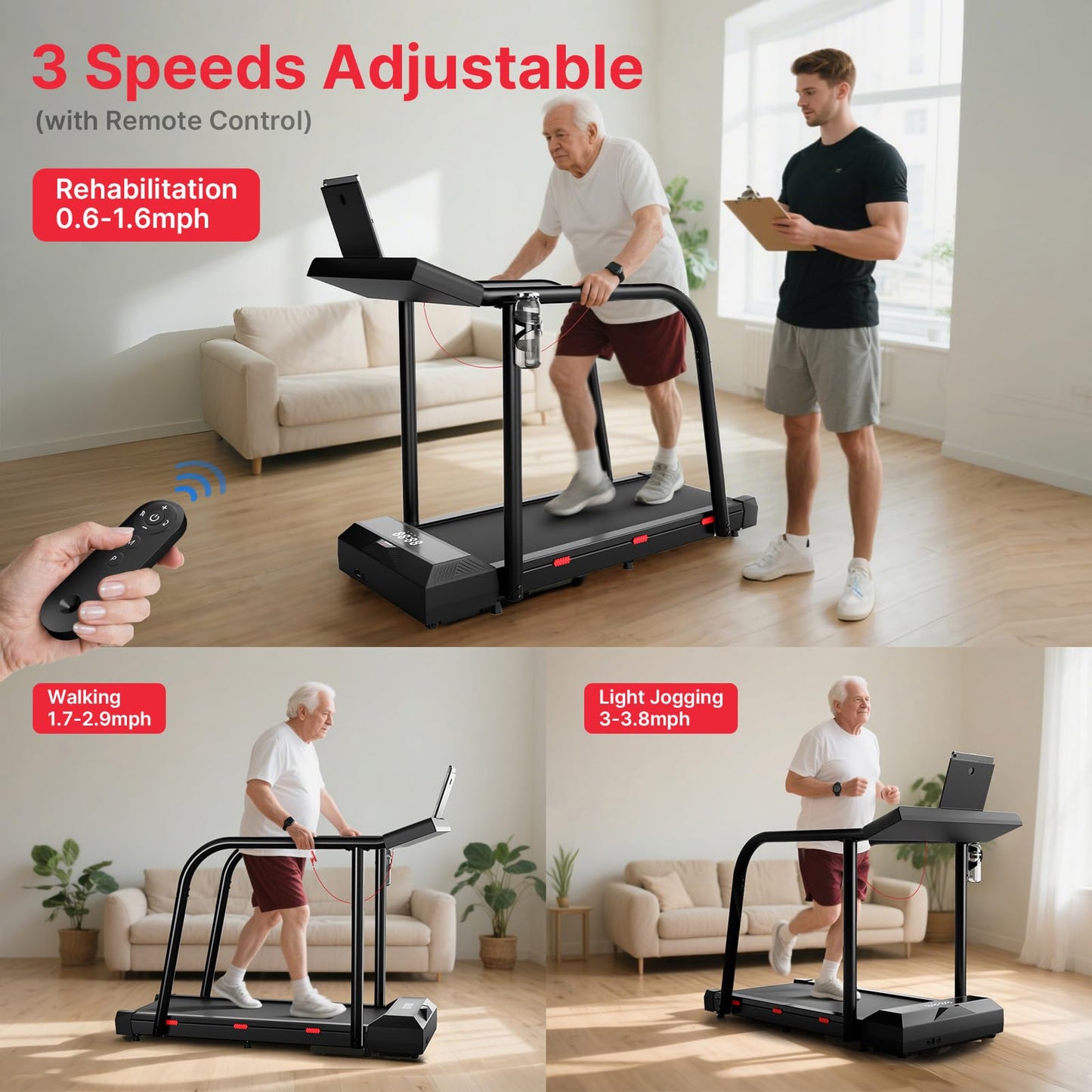 Yesoul Walking Treadmill with Long Handles for Seniors, Treadmills for Home 300 lbs Capacity, Recovery Fitness Exercise Machine with Stable and Safe Structural Design, Large LED Display for Elderly