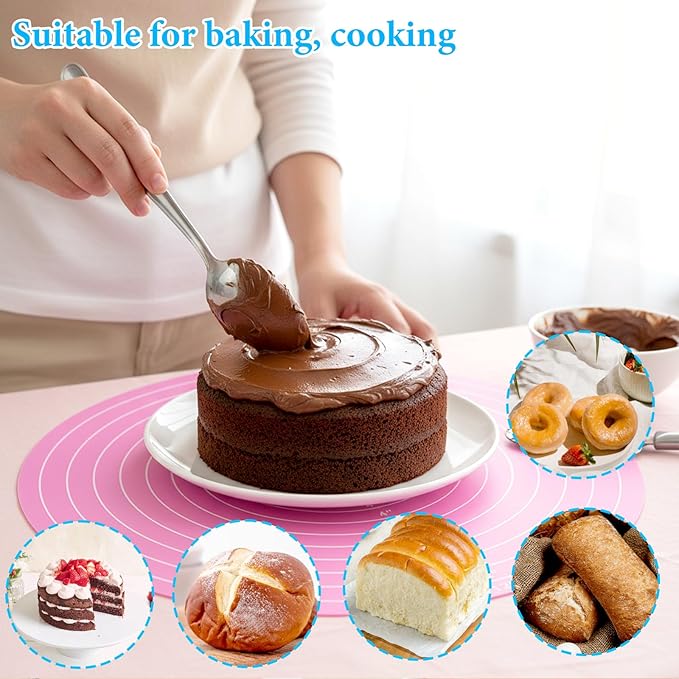 3Pcs Silicone Baking Mat Round Cake Turntable Mat with Measurements Reusable Silicone Baking Mats Non Stick Heat Resistant Pastry Bake Sheet for Pizza Pan Rolling Dough Pastry
