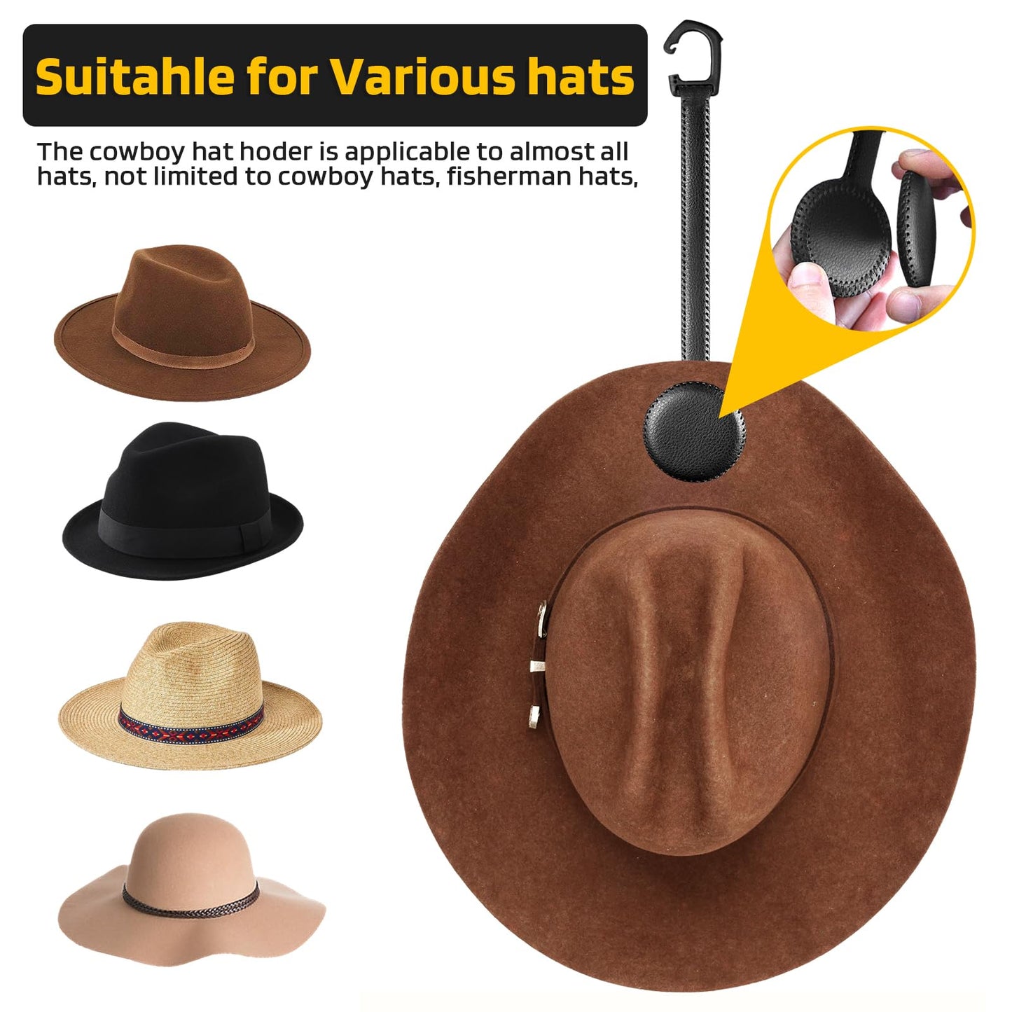 Cowboy Hat Holder for Truck, Magnetic Hat Clip Leather Hat Rack for Car, Headrest Hat Hanger Vehicle Hat Organizer Accessories - Keep Hat Shape, Black, 1 Pack
