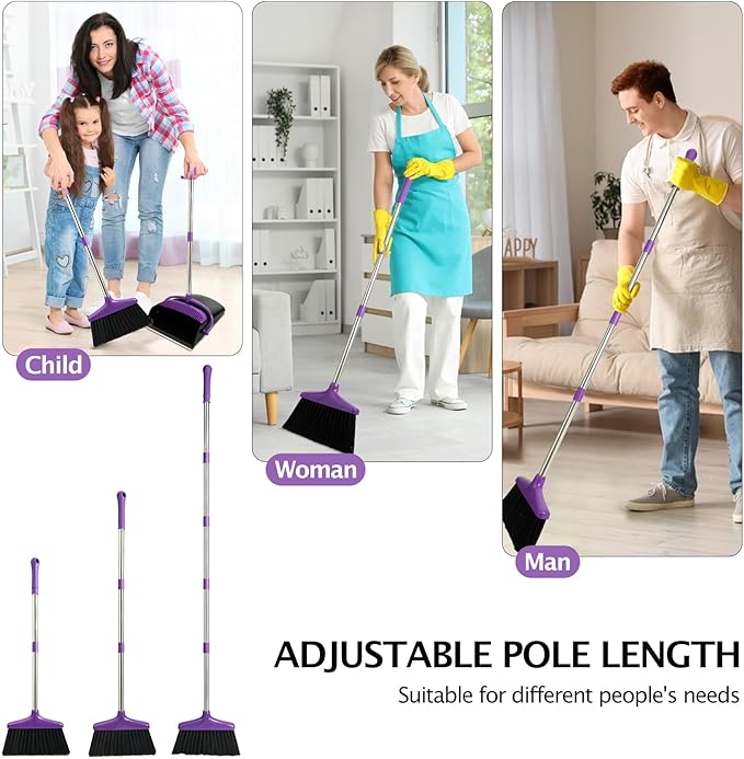 Broom and Dustpan Set, Long Handle Lightweight Dustpans with Broom Combo for Home Sweeping for Room Kitchen Office Purple