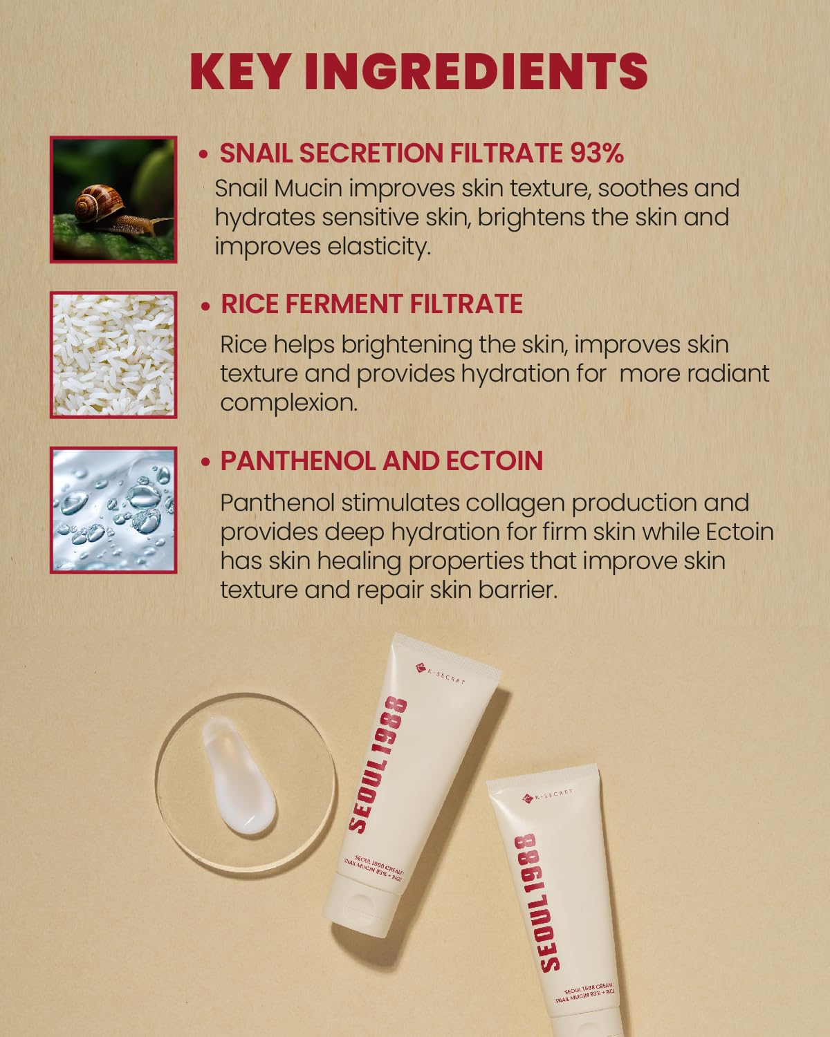 KSECRET SEOUL 1988 Cream : Snail Mucin 93% + Rice, 100ml/3.38fl.oz.
