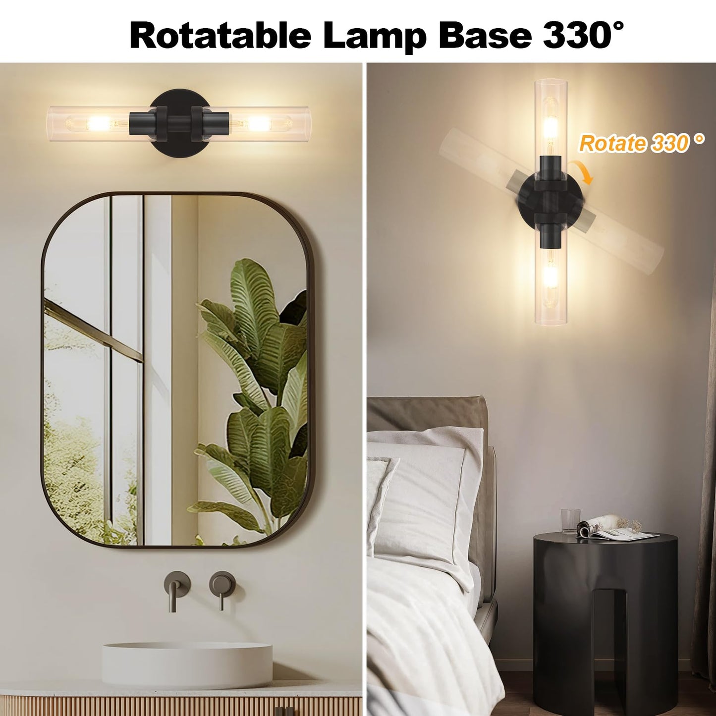 Battery Operated Wall Sconces Set of 2, 330° Rotation 3000K-6000K Dimmable Wireless Wall Sconce with Clear Glass 10400mAh USB Rechargeable Wall Lights with Remote Bulbs Included (Black-2Pack)