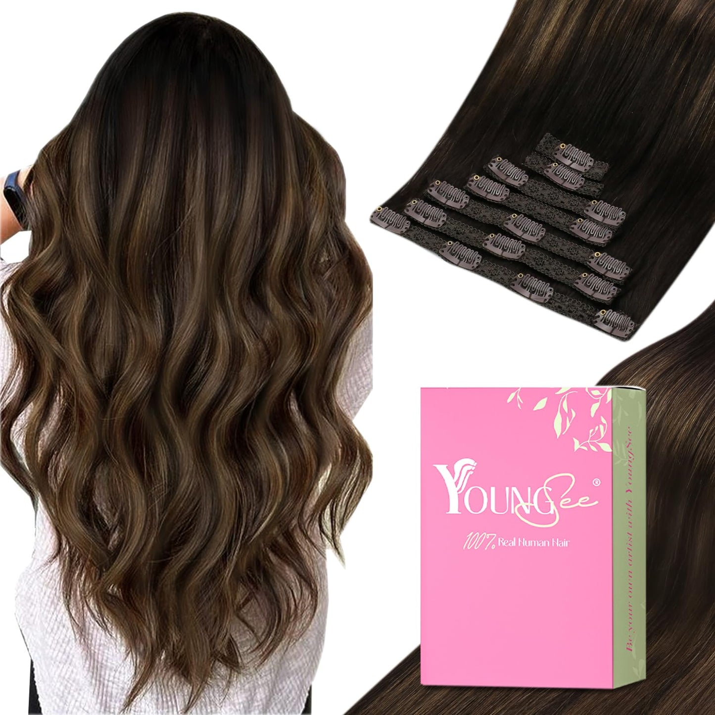 YoungSee Clip in Human Hair Extensions Balayage Hair Extensions Clip ins Dark Brown Mix Medium Brown Highlights Brown Balayage S