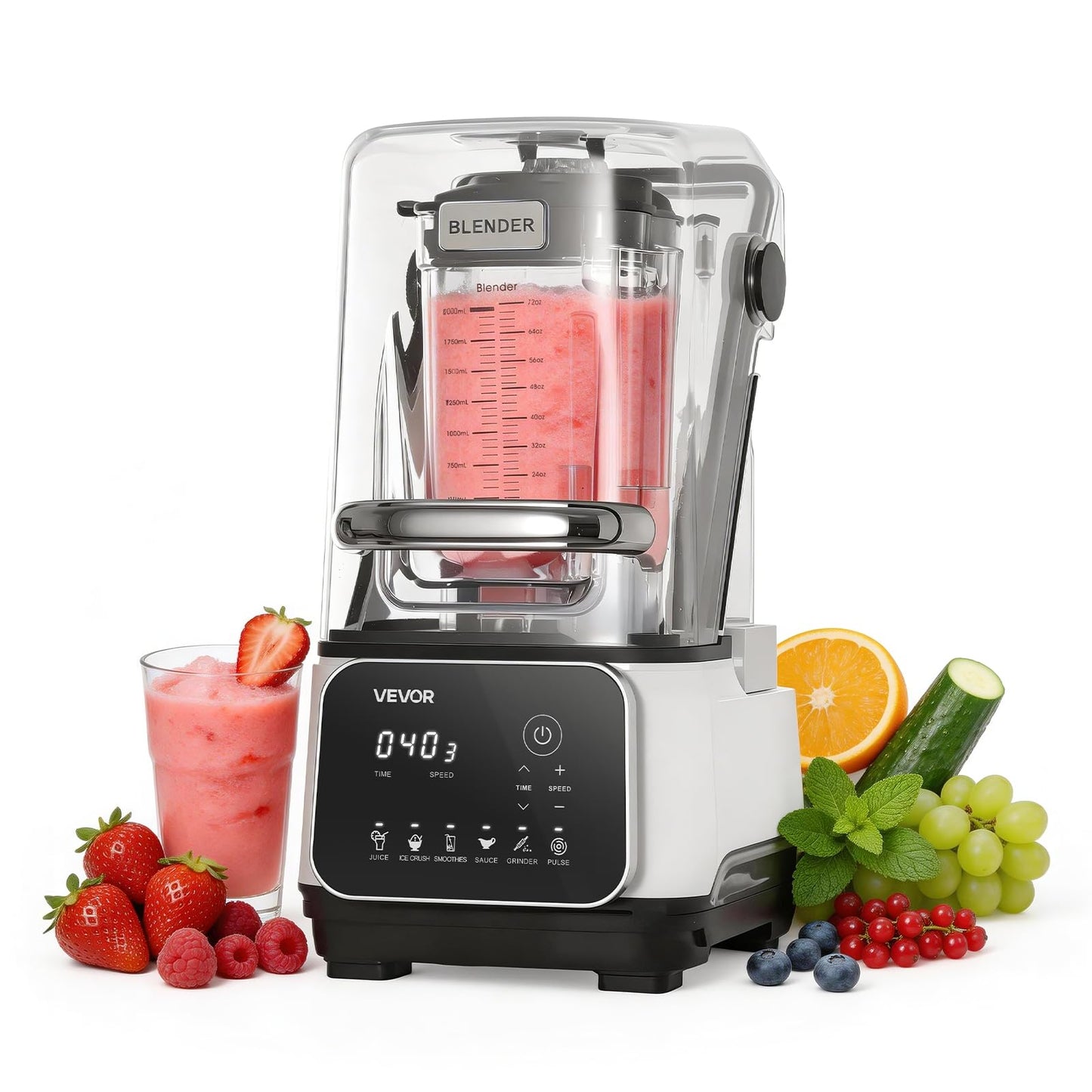 VEVOR Blender, 68 oz Professional Countertop Blenders with Shield, 2200W 26000RPM Kitchen Food Processor Combo, Self-Cleaning, Speed Adjustable, 6 Preset Menu for Smoothies, Ice Crushing, Puree, White