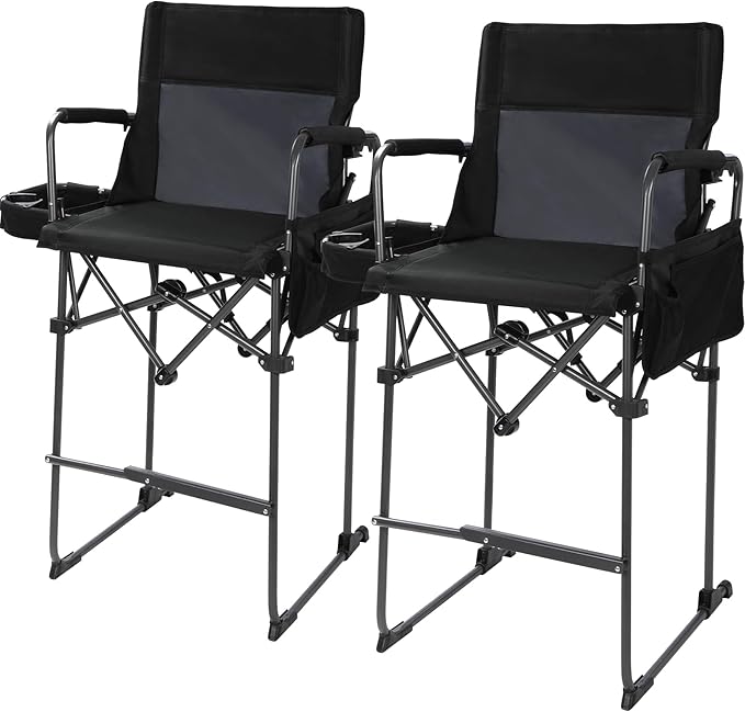 Stonehomy Portable 29" Seat Height Tall Folding Camping Chair High Foldable Directors Chair Bar Height Stool with Side Table and Storage Bag for Makeup Artist, Lawn, Craft Show, 350LBS Black, 2Pack