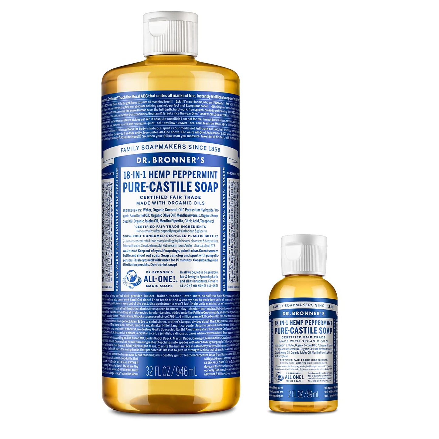 Dr. Bronner's - Pure-Castile Liquid Soap (Peppermint, 32 ounce and 2oz bundle) - Made with Organic Oils, 18-in-1 Uses: Face, Bod