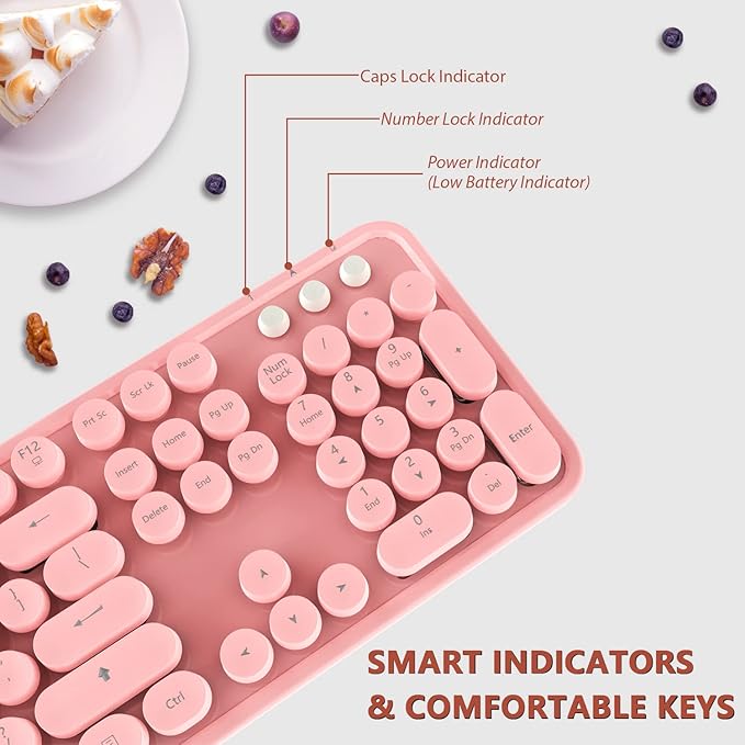Kootop Wireless Keyboard and Mouse Combo, Cute Colorful 104 Keys Typewriter Retro Round Keycaps Keyboard for PC Laptop,Desktop,Windows, Home and Office Keyboards(Pink White)