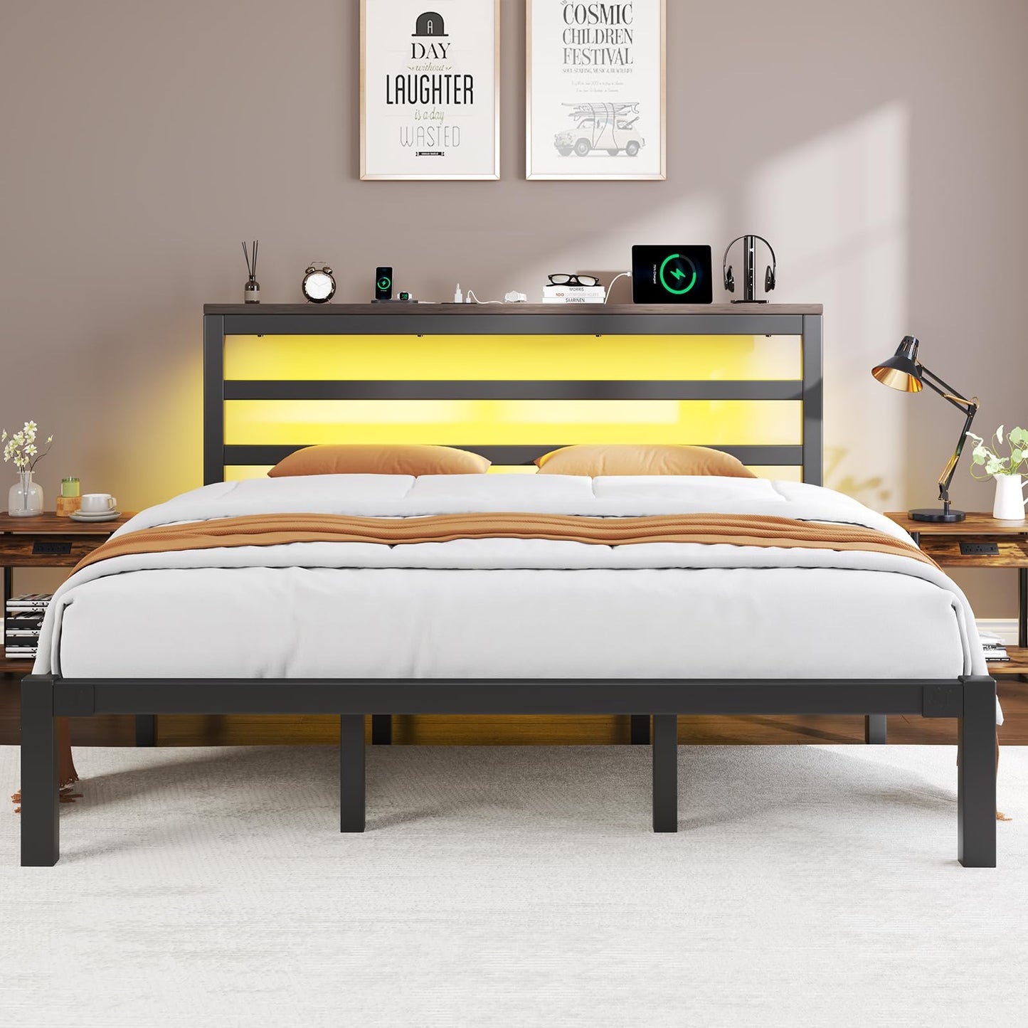 E-Motie King Size Bed Frame with Storage Headboard, Industrial Platform Bed with Charging Station and LED Lights,Underbed Storage Space, No Box Spring Needed, Easy Assembly, Modern, Black