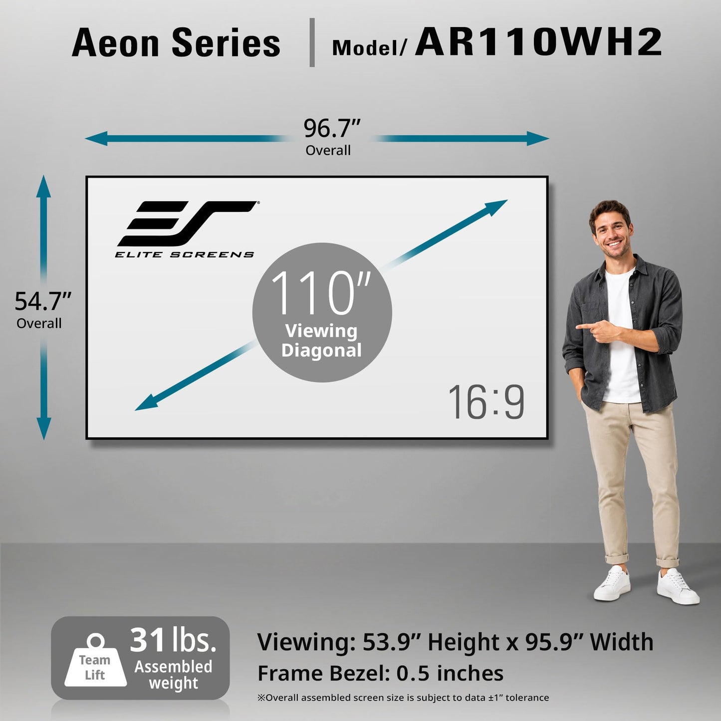 Elite Screens Aeon Series, 110-inch 16:9, 8K / 4K Ultra HD Home Theater Fixed Frame EDGE FREE Borderless Projector Screen, CineWhite UHD-B Front Projection Screen, AR110WH2