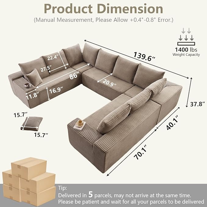 Sectional Cloud Couch for Living Room, Modular Floor Deep-Seat Sofa, Big Comfy Corduroy Couches Set with Fluffy Memory Foam, Stupendous U Shaped Sofas with 12 Pillows, No Assembly Required, Camel
