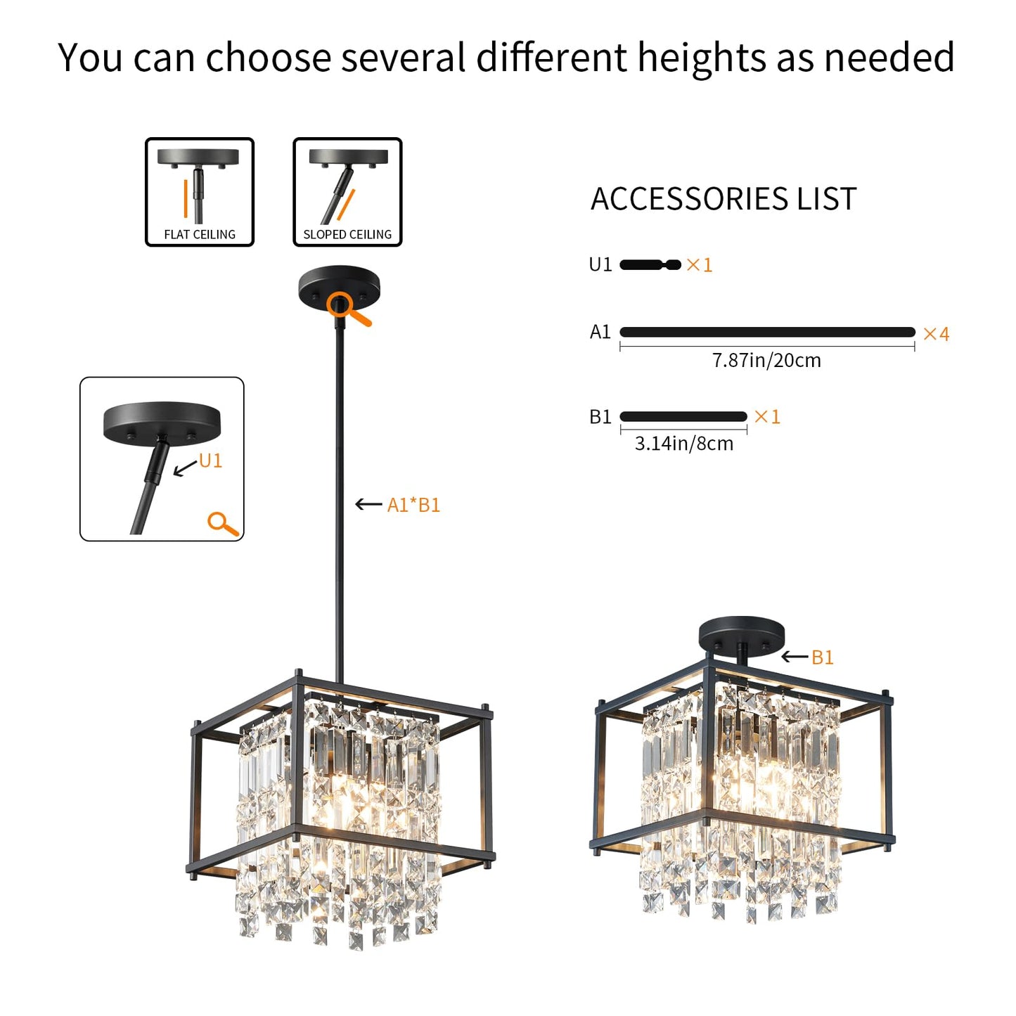 LMQNINE Modern Foyer Chandelier, Black Crystal Chandelier Entryway Light Fixture, Square Adjustable Height Chandeliers for Kitchen Island, L11.81'' x H7.87''